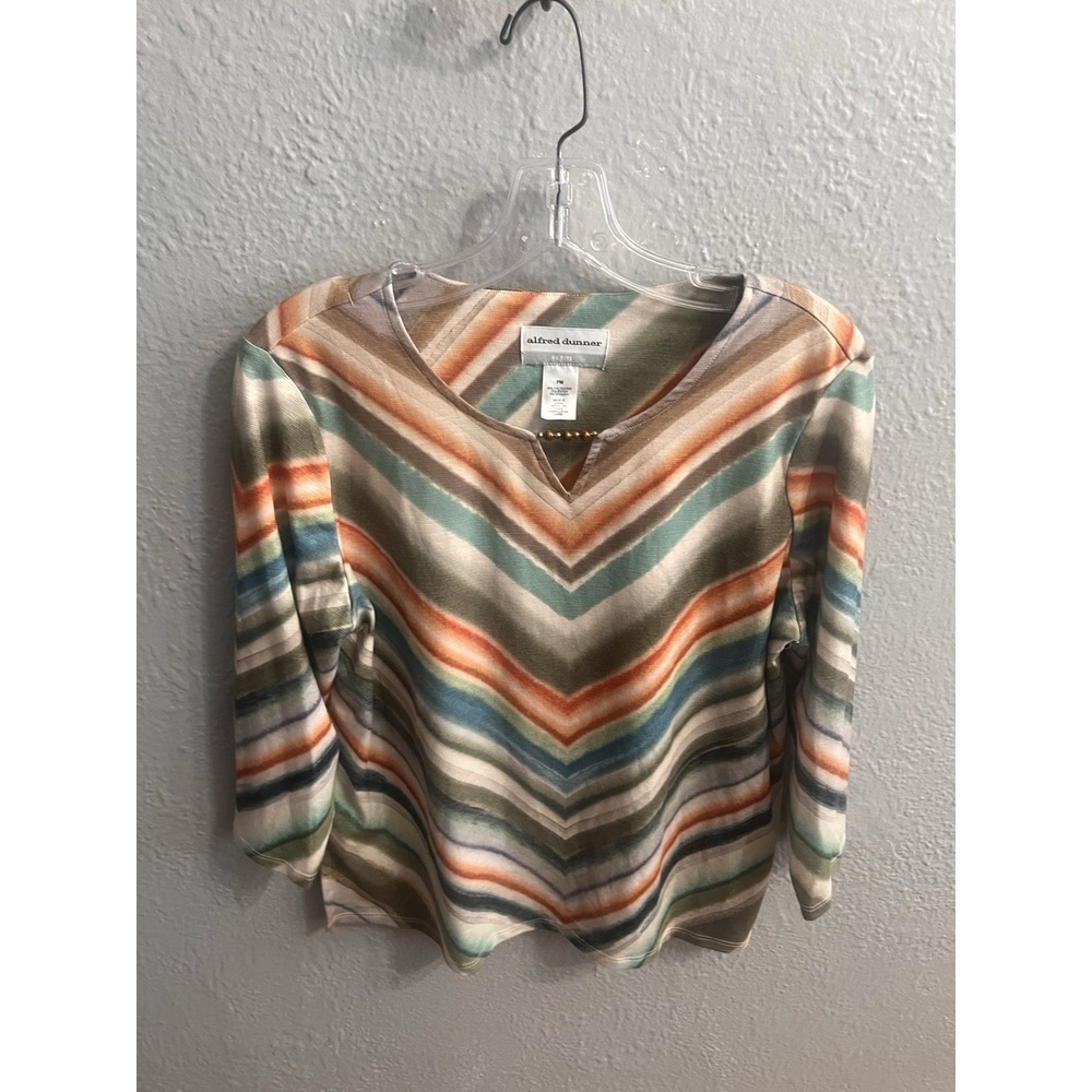 Alfred Dunner Women White 3/4 Sleeve Striped Size PM